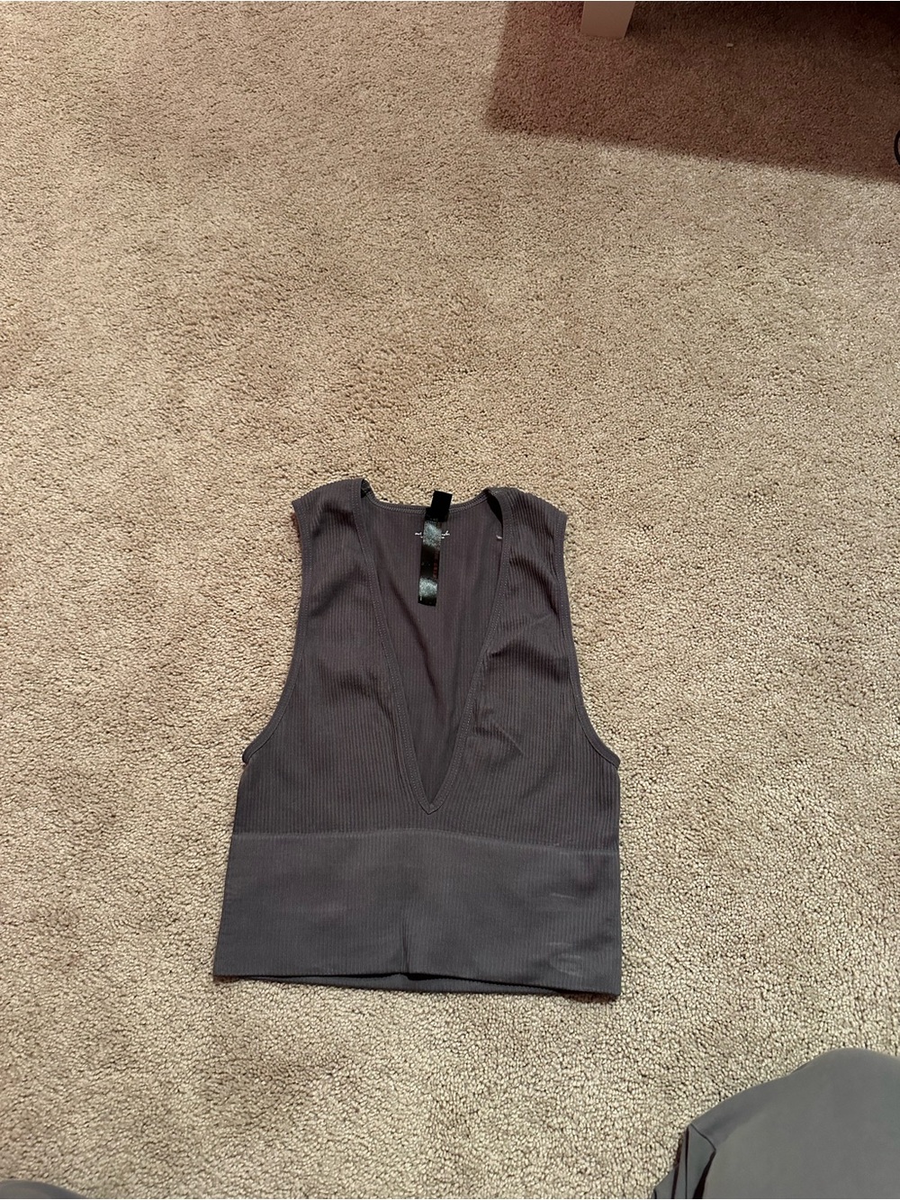 Ribbed Deep V-Neck Sleeveless Top - Charcoal